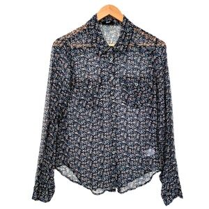 Paige 100% Silk Floral Shirt Womens Size XS Sheer Crinkled Pocket Long Sleeve